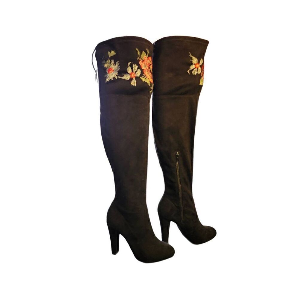 Zigi Soho Bryna Embroidered Zip Over the Knee Heeled Boots Sz 6 Vegan Suede